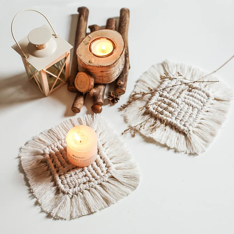 Square Handmade Drink Coaster Cotton Braid Macrame Cup Pad Placemat Coffee Beer Mat for Office Home Kitchen Mugs and Cups | Дом и сад