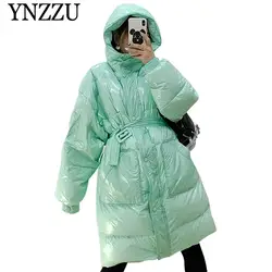 YNZZU 2019 Зима Новое поступление легкие карманы женское пуховое пальто с буквенным принтом сзади длинные пуховики с капюшоном плотное теплое