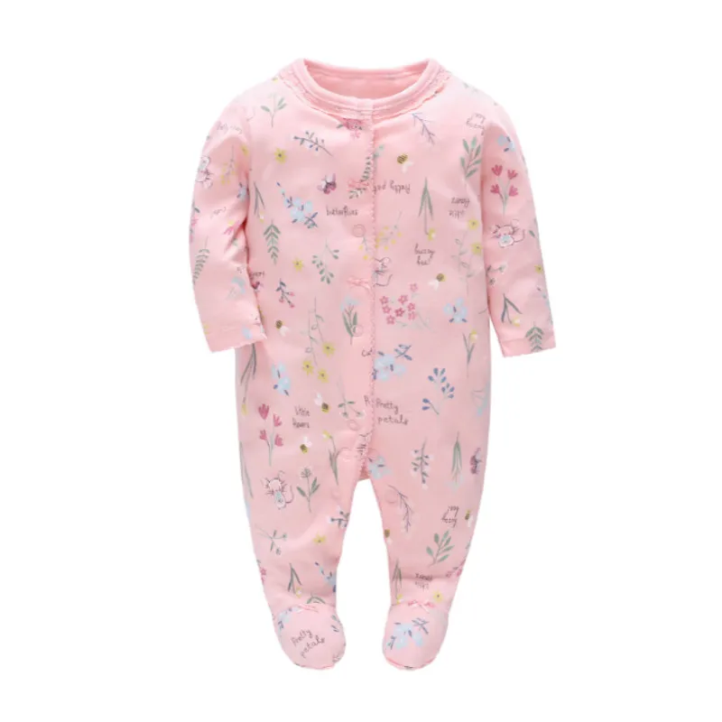 

Picturesque Childhood Newborn Baby Footies Pink Full Leaves and Flowers Print Cotton Costume Infant O-Neck Clothes