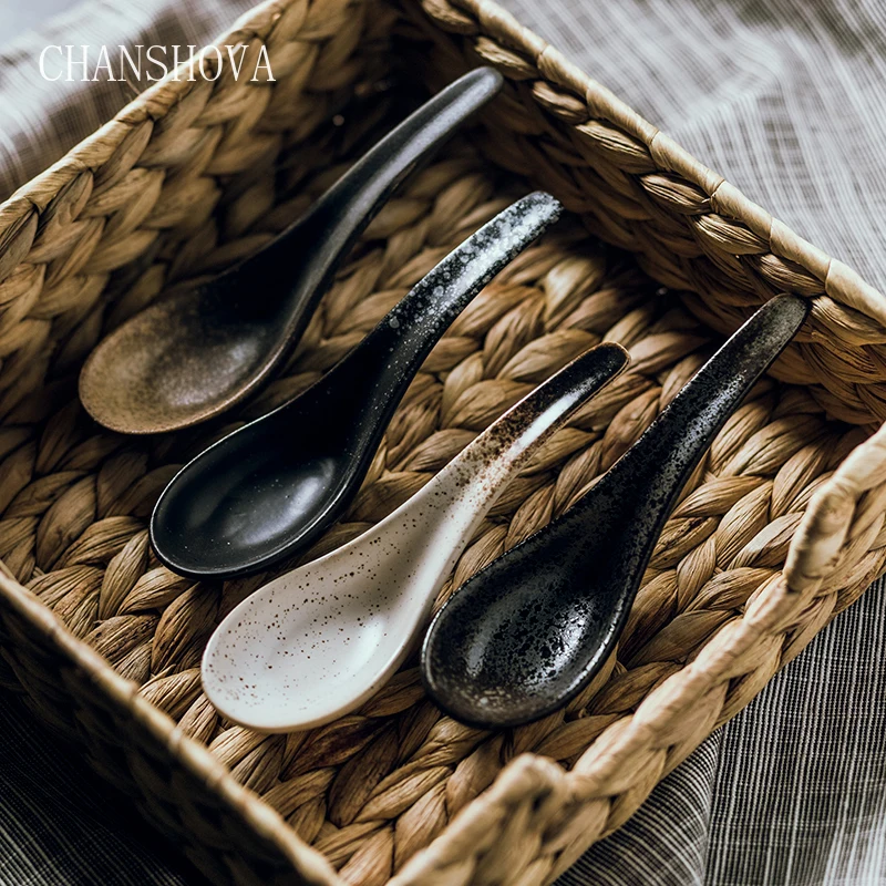 

CHANSHOVA Chinese Retro Style Handmade Ceramic Spoon Porcelain Soup Spoons Tableware Simplicity Kitchen Utensils for Home H158
