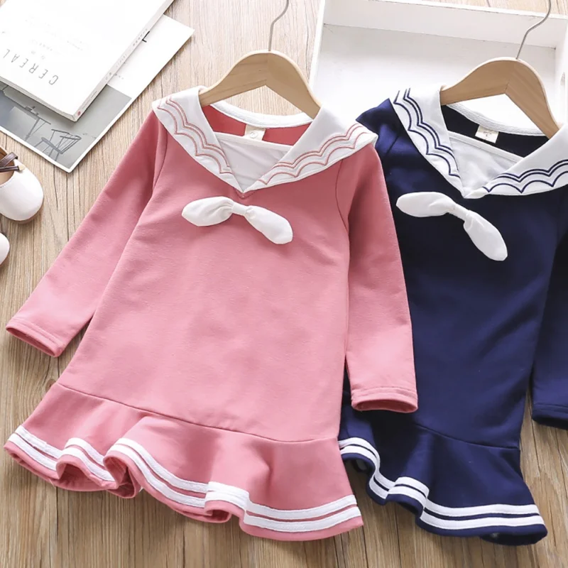 

1-6T Baby Girl Dress Toddler Children Autumn Girls Cute Solid Color Doll Collar Princess Long-Sleeved Bow Sweet Princess #m