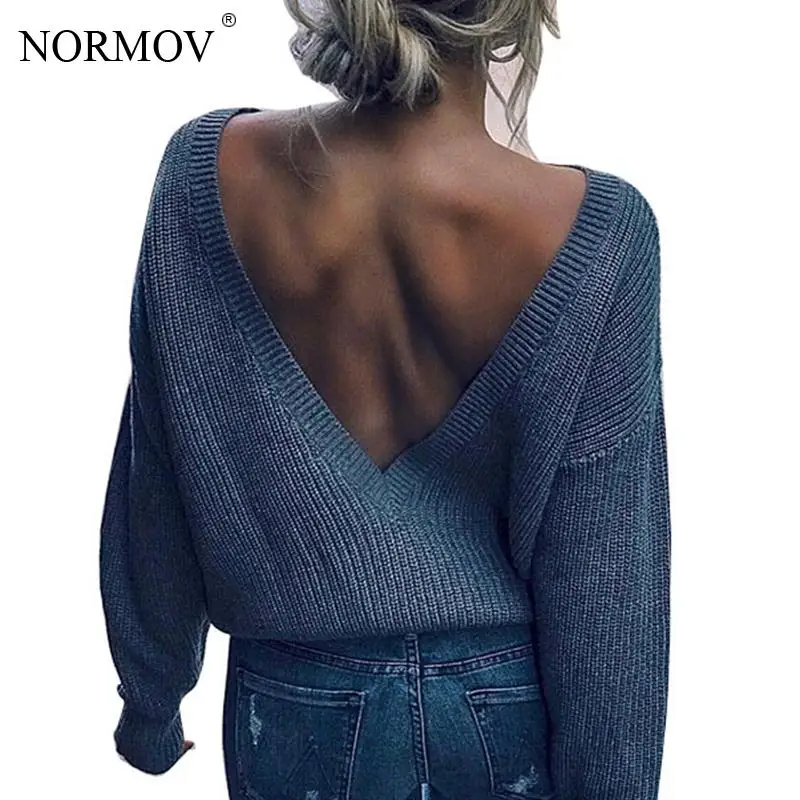 Promoción NORMOV mujeres Sexy jersey con cuello de pico pronunciado mujeres abiertas Fondo hombro suéter de punto Vestido de punto suéteres GmJ9Qk1k0