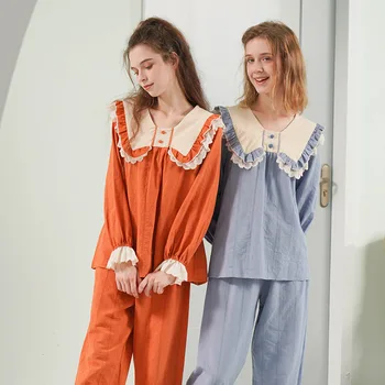 

Pajamas Women's Autumn New Solid Color Ruffled Turn-down Collar Long-sleeved Pijamas Suit Loose Casual Folds Home Wear Nightsuit