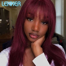 

Lekker Burgundy Red Straight Human Hair Wig With Bangs For Women Brazilian Remy Glueless Bob Cut Machine Made Colored Fringe Wig