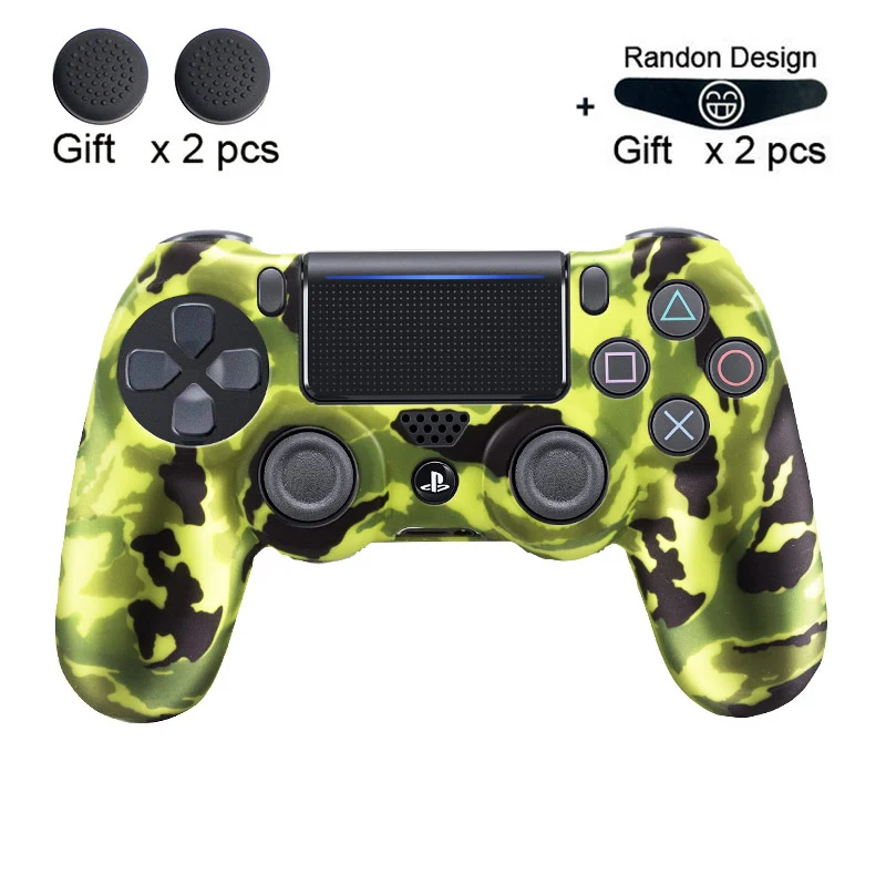 green Camo Мягкий гибкий силиконовый чехол, защитный чехол для Playstation 4 PS4 Pro Slim, светодиодный светильник, наклейка, 2 шт., ручка+ светодиодный чехол - Цвет: green Camo