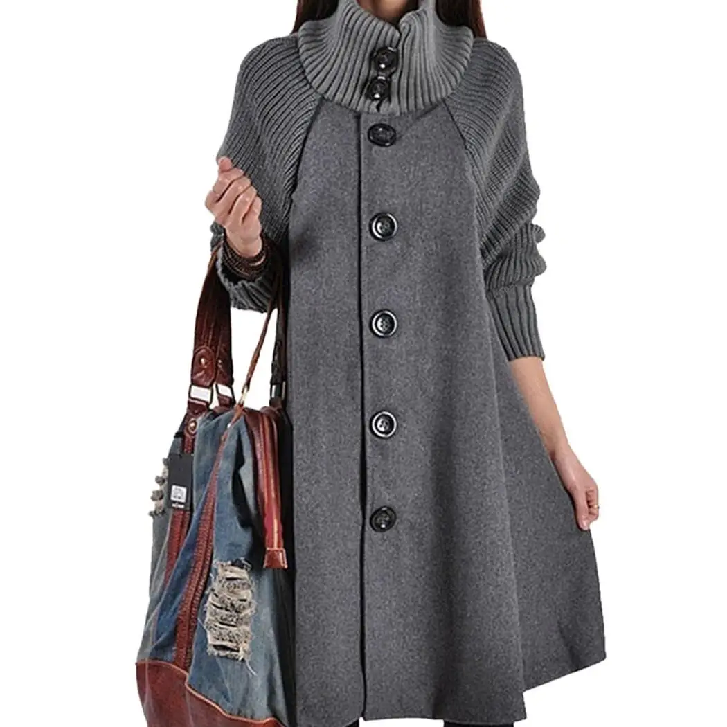 Koop Vrouwen Casual Stand Kraag Lantaarn Mouw Knop Patchwork Lange Jurk Casual, Straat, Outdoor, etc Jas Winter