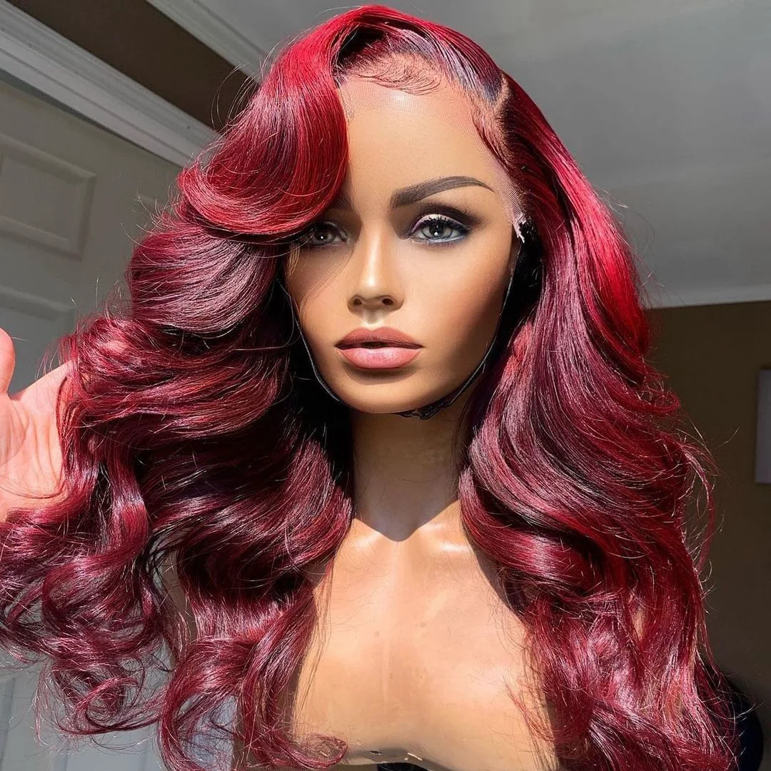 Red Lace Front Wig Long Wavy Natural Looking Cherry Red Free Part Wig  Synthetic Heat Resistant Fiber Cosplay Party Makeup Wigs for Women 24 Inch