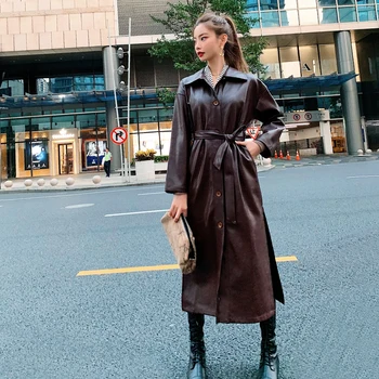 

LANMREM Handsome PU leather Windbreaker Woman 2020 spring new Overknee Loose long Coat with belt Overcoat long sleeve Tide YJ030