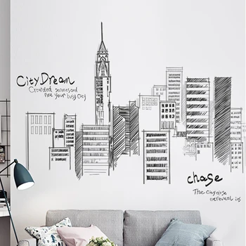 

Black Retro Large Tall City Buildings Set Wall Stickers PVC DIY Mural Art for Living Room Sofa Decoration Background Decal 3Size