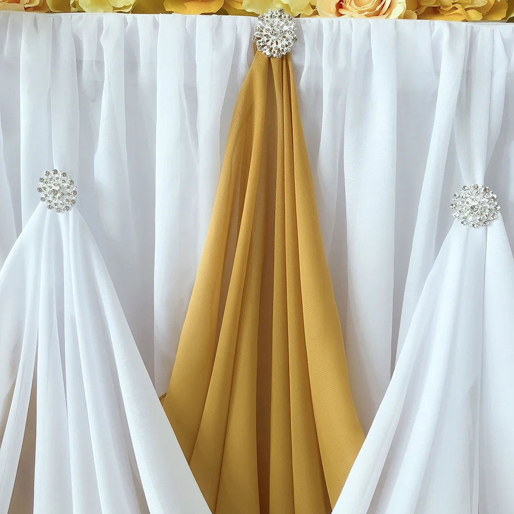 Table Skirt Gold White Chiffon with Diamond Brooch 10 ftx30 inch 1 Pc