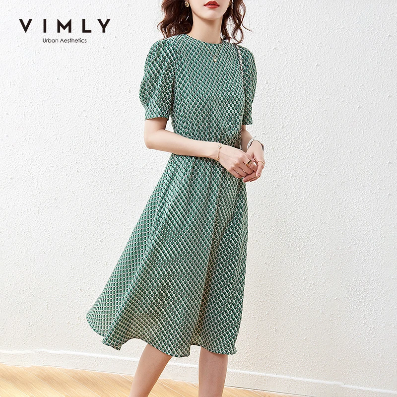 VIMLY Vintage Dress For Women Summer Round Neck Dot Print Maxi Dresses Elegant Puff Sleeve Elastic Waist Women's F7263 | Женская
