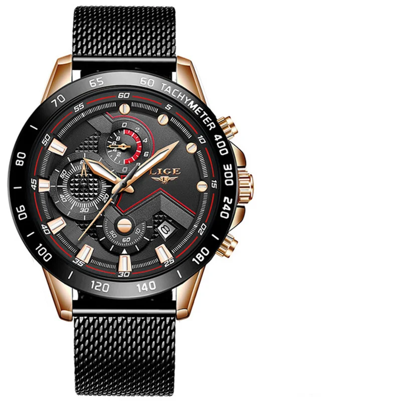 Fashion Relogio Masculino LIGE Top Brand Luxury WristWatch Quartz Clock Blue Watch Men Waterproof Sport Chronograph Mens Watches - Цвет: Rose gold black