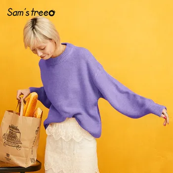 

SAM'S TREE Orange Solid Knitted Pullover Sweater Women 2019 Autumn Purple Long Sleeve Pure Causal Office Ladies Basic Tops