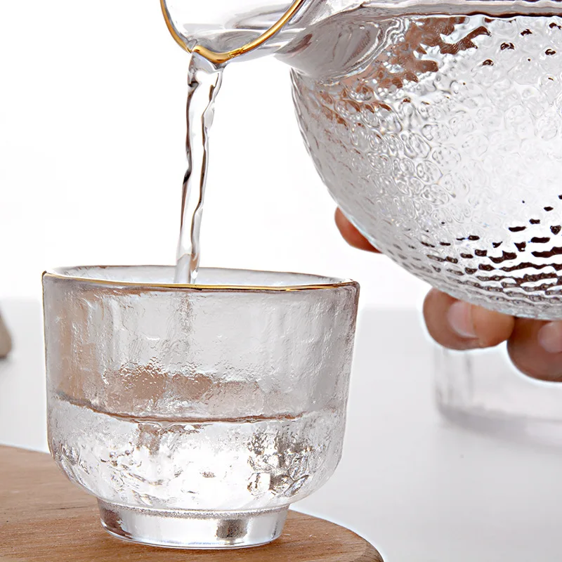 Japanese Style Glass Wine Set Sake Pot Ice Wine Warmer Ware Creative Hammer Grain Gold Edge Heat Resistant Yellow Pot