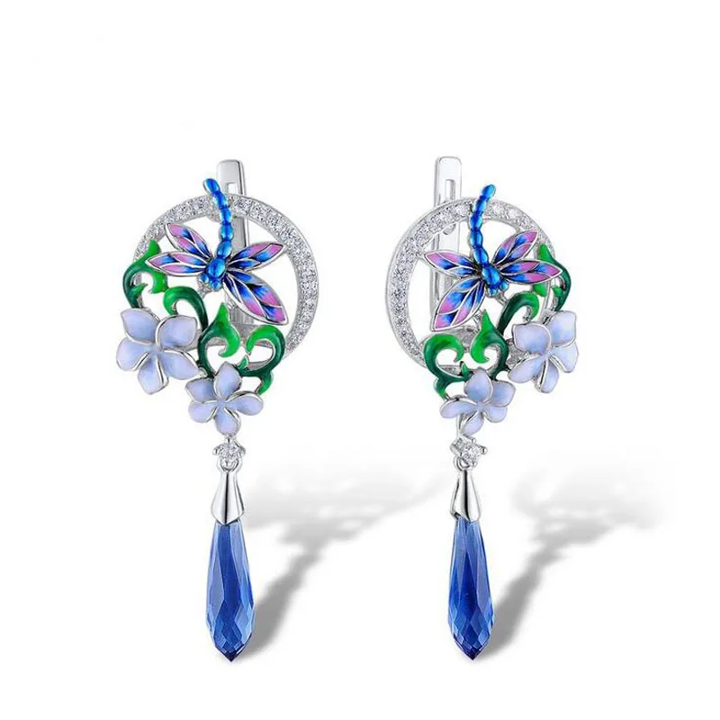 Ювелирные наборы модного серебристого цвета с голубой эмалью из циркона и цветка стрекозы для женщин, креативные вечерние ожерелья, серьги, кольца, Подарочные ювелирные изделия - Окраска металла: earring