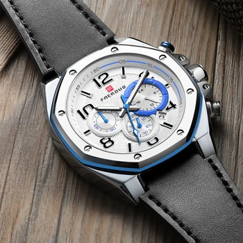

New Fashion Men Watches Blue Analog Quartz Wristwatches Steel Octagonal Chronograph Sport Date Leather Band Watches montre homme