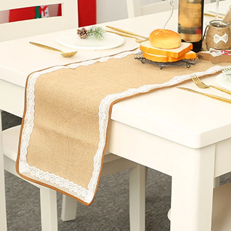 Christmas Linen Lace Trim Table Runner Tablecloth Party Dinner Home Decoration 180*30cm Hotel Restaurant Thanksgiving
