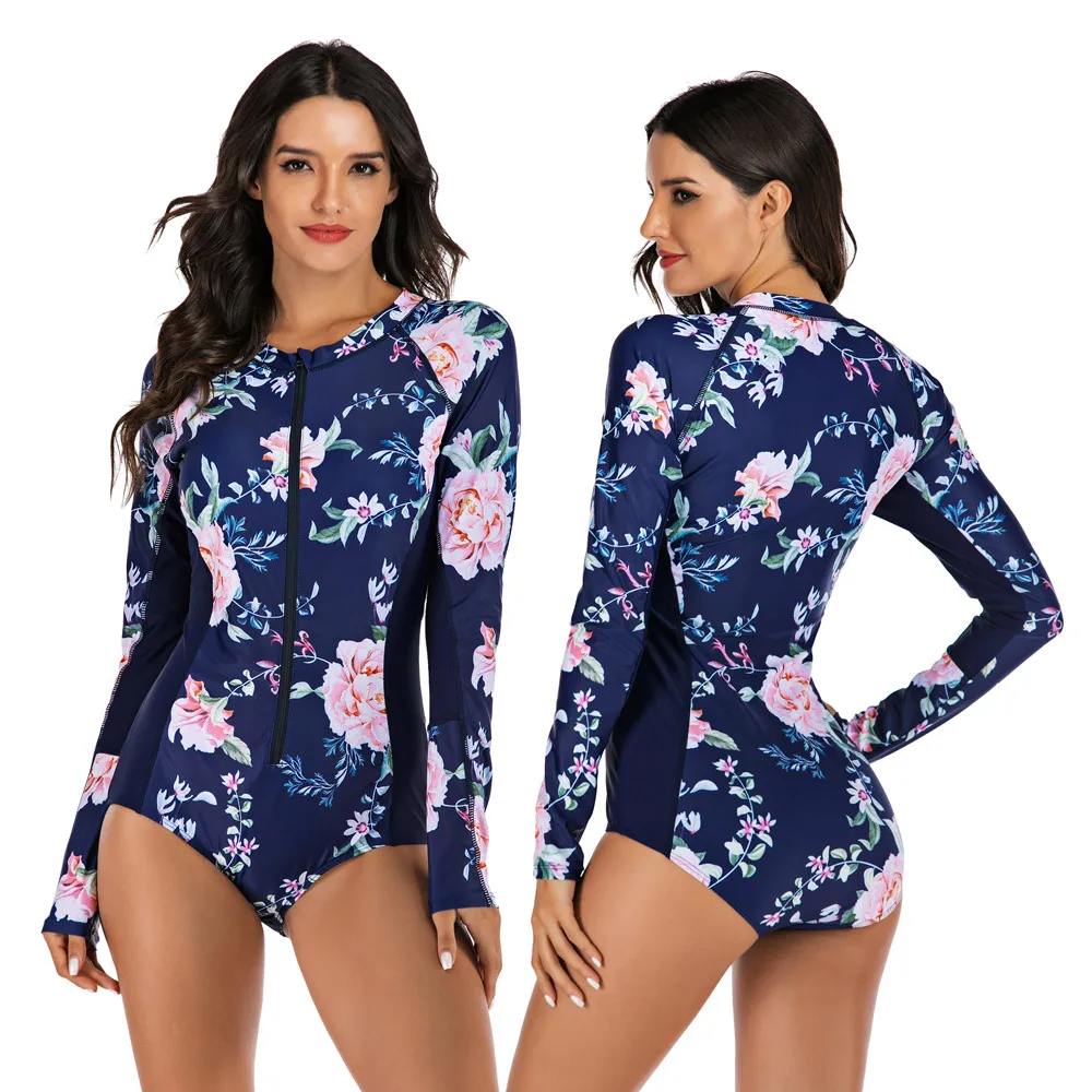 Sexy One Piece Long Sleeve Swimsuit Women Swimwear Bathing Suit Floral Print Monokini Beachwear Retro Bodysuit Female Swim