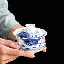 Китайский сине-белый фарфор gaiwan цветочный принт под глазурью супница Китай чашка чаша блюдце крышка 150 мл на продажу