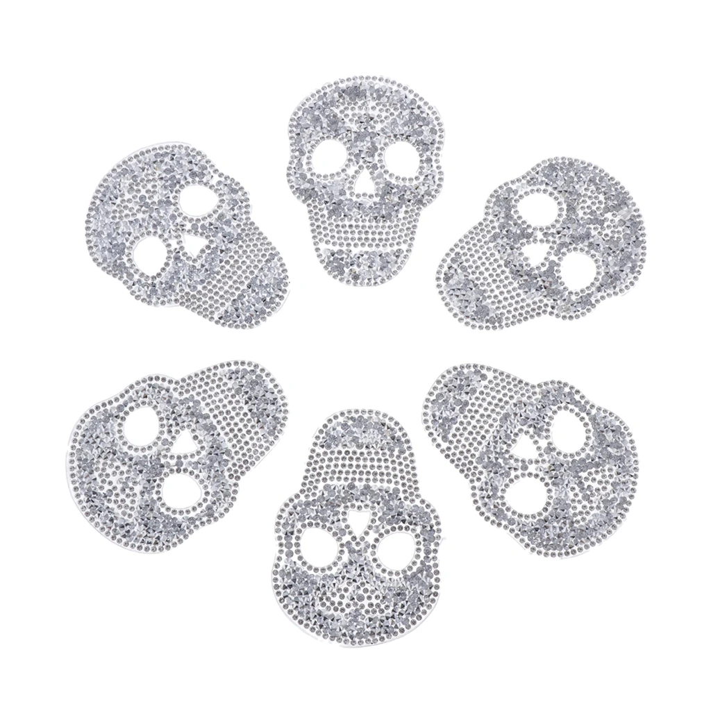 6Pcs Bling Skull Head Rhinestone Appliques Iron/Sew On Hat Bag Clothes Patch