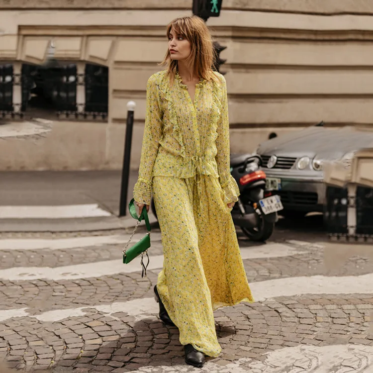 

Autumn and Winter New Yellow Flower Printed Lotus Leaf Edge Long Sleeve Women's Dress Runway High Street