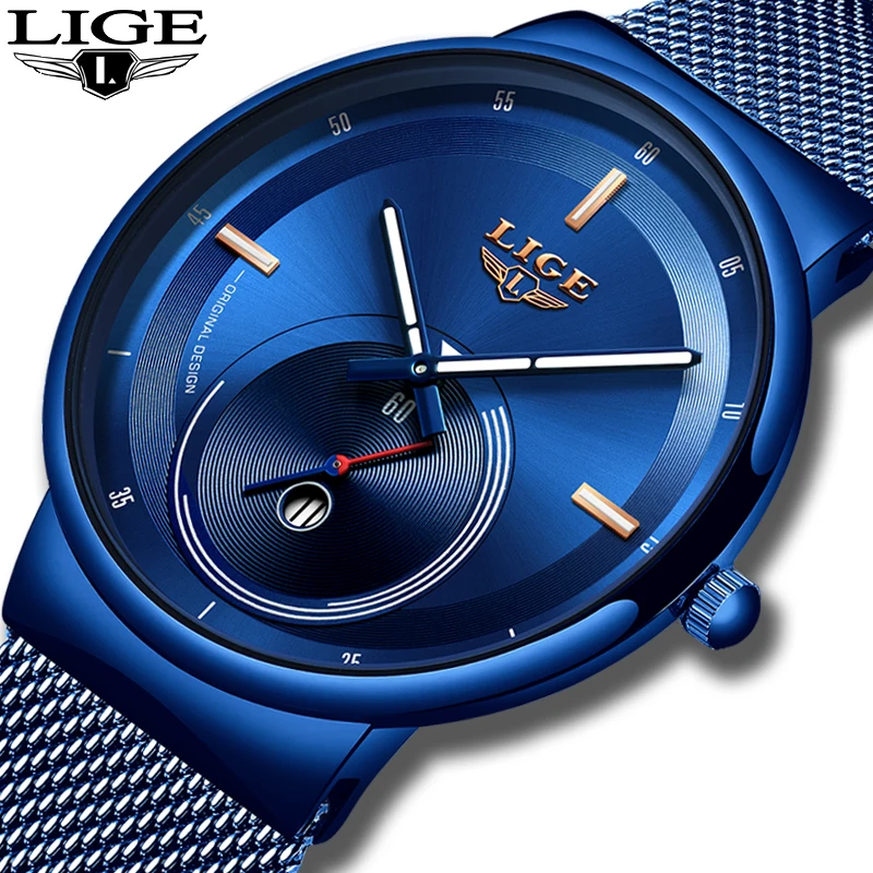 

2019 New Original Design Blue Quartz Clock LIGE Mens Watches Top Brand Luxury Watch Men Simple Full Steel Waterproof Wrist Watch