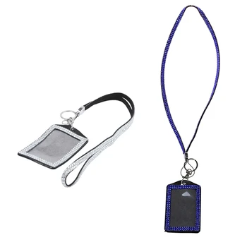 

2 Pcs Rhinestone Bling Crystal Custom Lanyard Vertical ID Badge Holder, Dark Blue & Silver