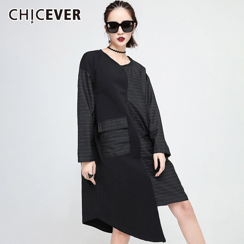 Хит разноцветное платье в полоску CHICEVER свободное оверсайз с круглым вырезом и