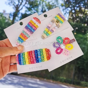 

Korean Women Girls Rainbow Stripes Hair Clip Shimmer Sequins Geometric Alligator Hairgrip Festival Party Decorative Barrettes