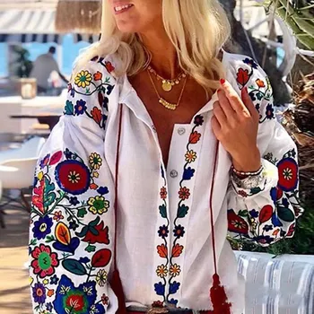 

Women Turn Down Collar Boho Long Sleeve Shirts Ethnic Floral Embroidery Blouses V-Neck Casual Loose Cotton Linen Shirts