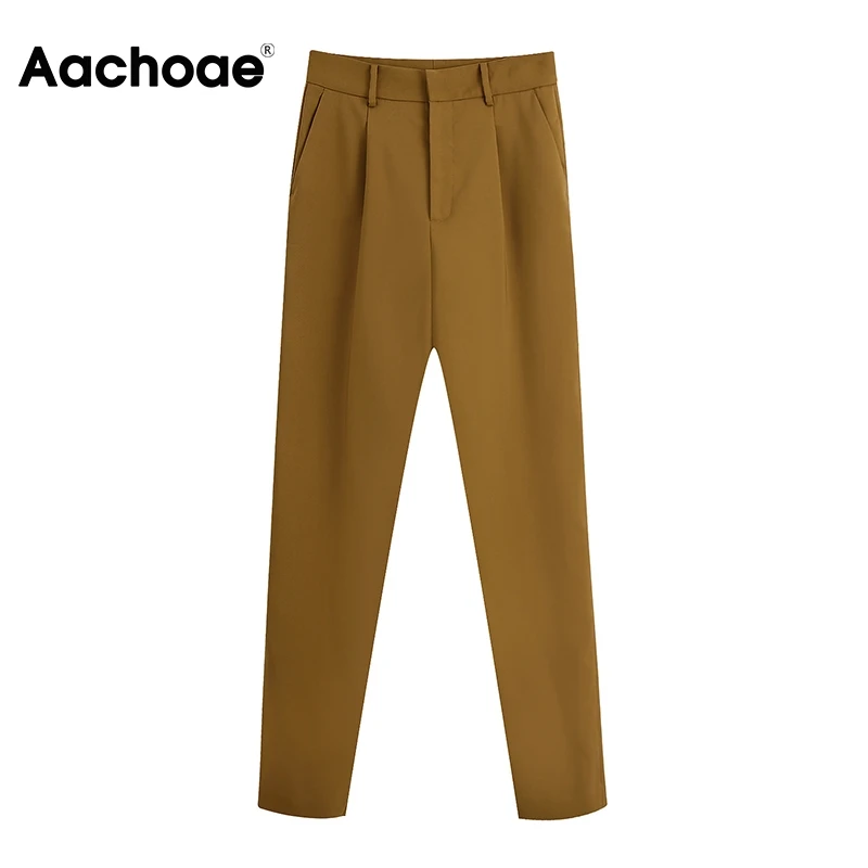 Aachoae Fashion Brown Color Long Pants Women Pleated Zipper Fly Pencil Pants Lady Baggy Elegant Office Trousers Pantalon Femme
