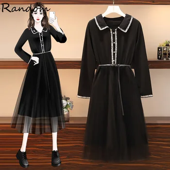 

Women Autumn Mesh Patchwork Party Dress 2020 New Long Sleeve Vintage High Waist Midi Long Dresses With Belt Plus Size Big Cloth