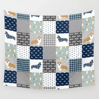 

Corgi Patchwork Print Navy Dog Buffalo Plaid Mens Dog Tapestry Bedspread Wall Art Bedding Blanket Curtain Throw Sheet Window