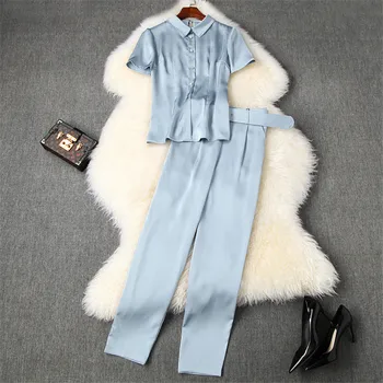 

High Fashion Summer Office Set for Women 2020 New Designer Two piece Outfits Beading Collar Blouse and Pants Suit Matching Sets