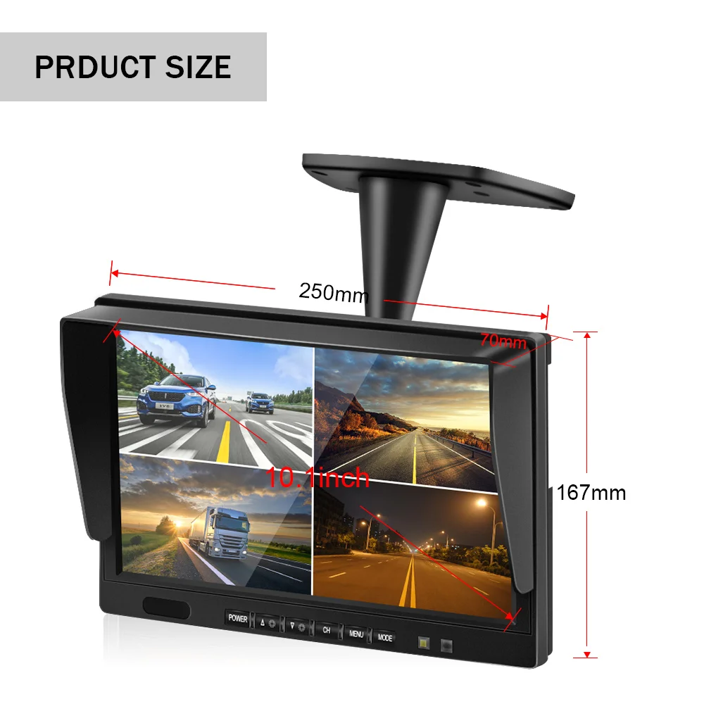 10.1 inch AHD 4ch Recorder DVR Car Monitor Vehicle Truck Night Vision Rear View Camera Security Surveillance Split Screen Quad