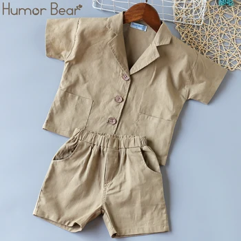 

Humor Bear Summer Clothes Suit Korean Boys Tracksuit Outfit Set Buttons Short-Sleeved Top+Shorts Pant 2PCS Fashion Casual Suit