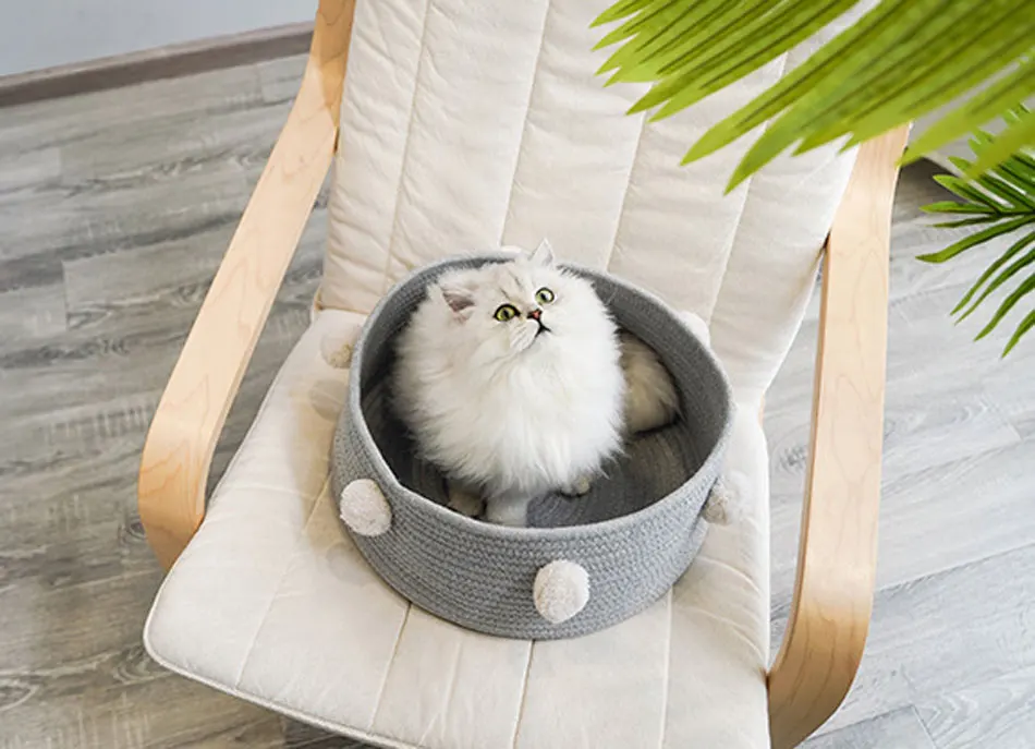 Weave Cat Bed House Dog Bed For Small Dogs Cat Basket Pompon Decorate All Seasons Sleeping Bed Puppy Mat Supplies Pet Rest House-44