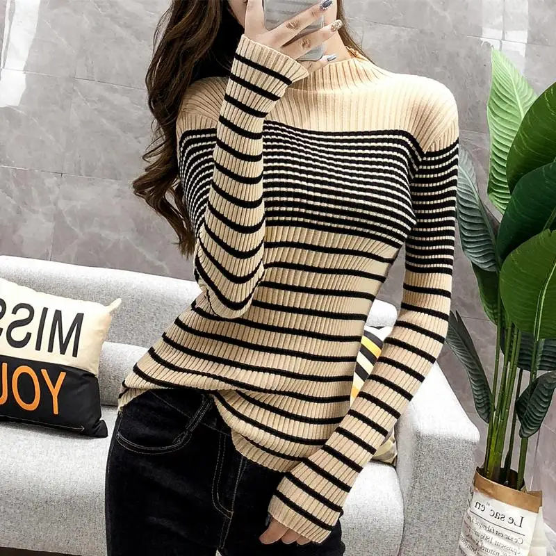 Turtleneck Ribbed Women Sweater High Elastic Stripe 2019 Fall Winter Sweater Women Slim Sexy Knitted Pullover Green White jumper