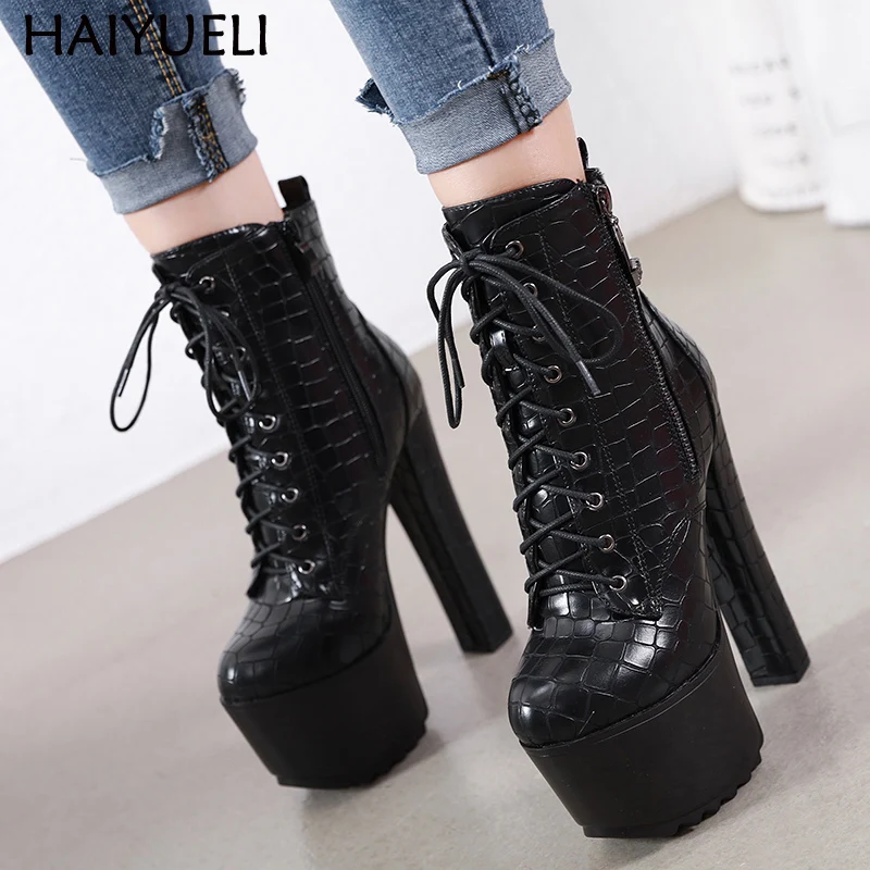 

16cm Heel Punk Boots Zipper High Heels Platform Ankle Boots Winter Black Round Toe Motorcycle boots Lace Up Ladies Shoes