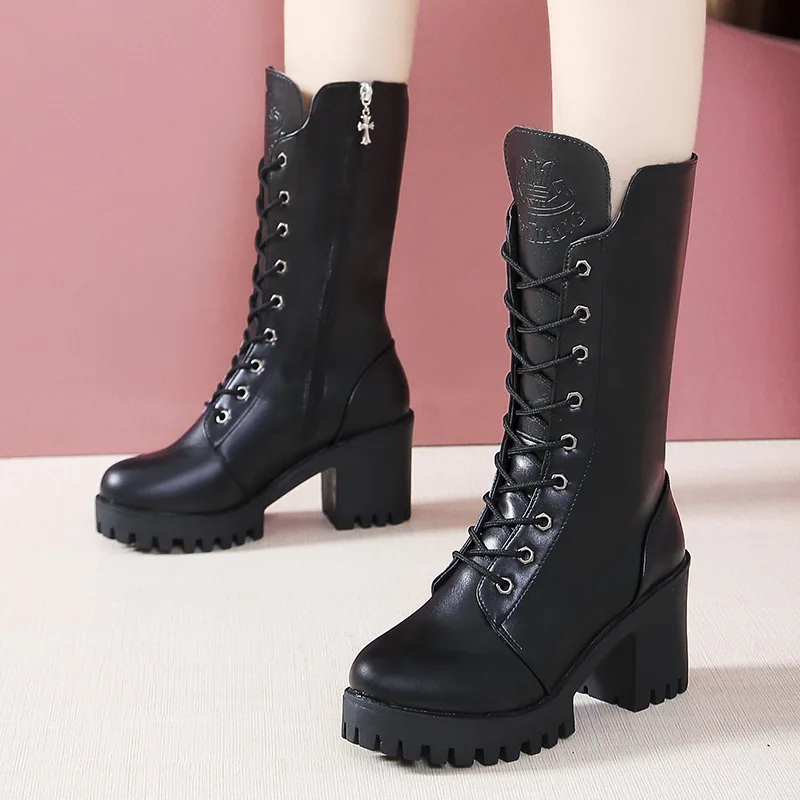 

Martin Boots Women's 2019 Autumn And Winter Middle Boots plus Velvet Warm British Style Women's Chunky-Heel Cotton Boots