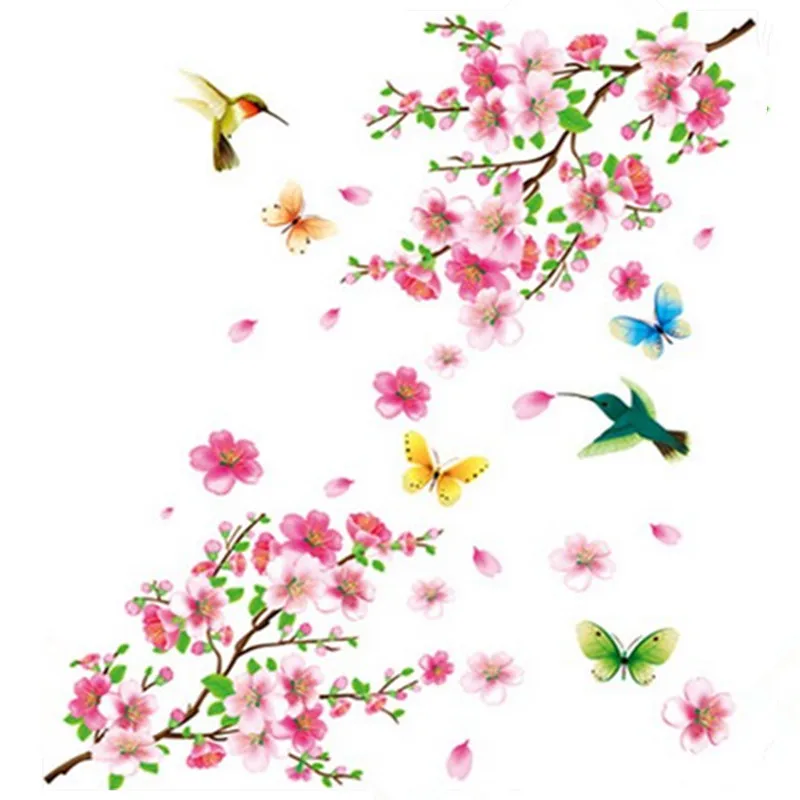 Peach branch wall decals Butterfly Bird loves Flowers 3d vinyl mural stickers home decoration romantic warm wallpaper 90*60cm | Дом и сад