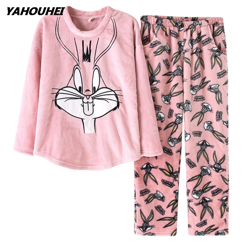 

Winter Pajamas For Women Flannel Thick Warm Pajamas Set Long Sleeve Pink Sleepwear Home clothes For Women Cute Cartoon Pyjamas