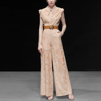 

Women's Small Fragrance Style Two-piece Fashion Tide Lace Shirt Top Wide-leg Pants Suit