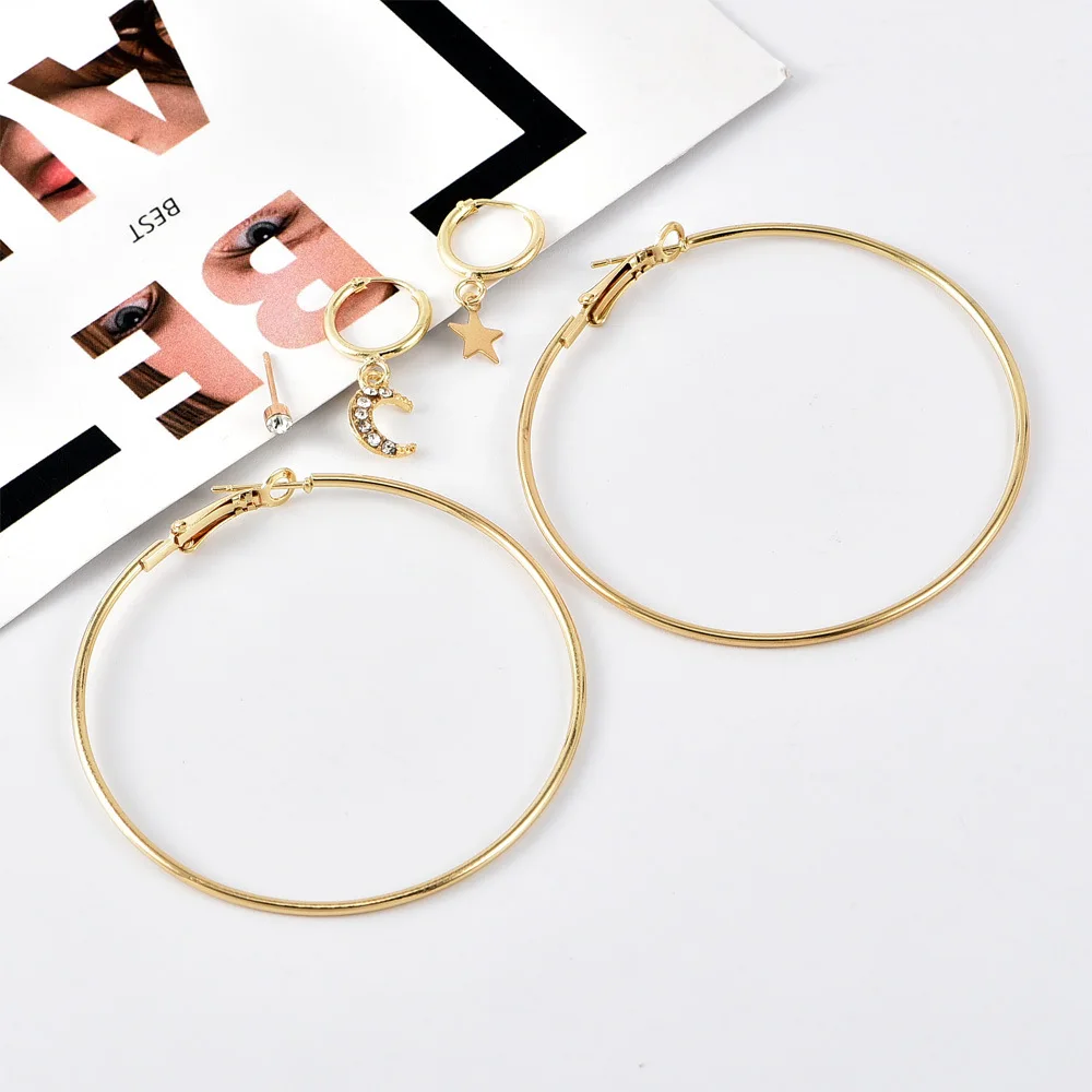 Женские серьги с пятиконечной звездой и луной большие кристаллами Ювелирное