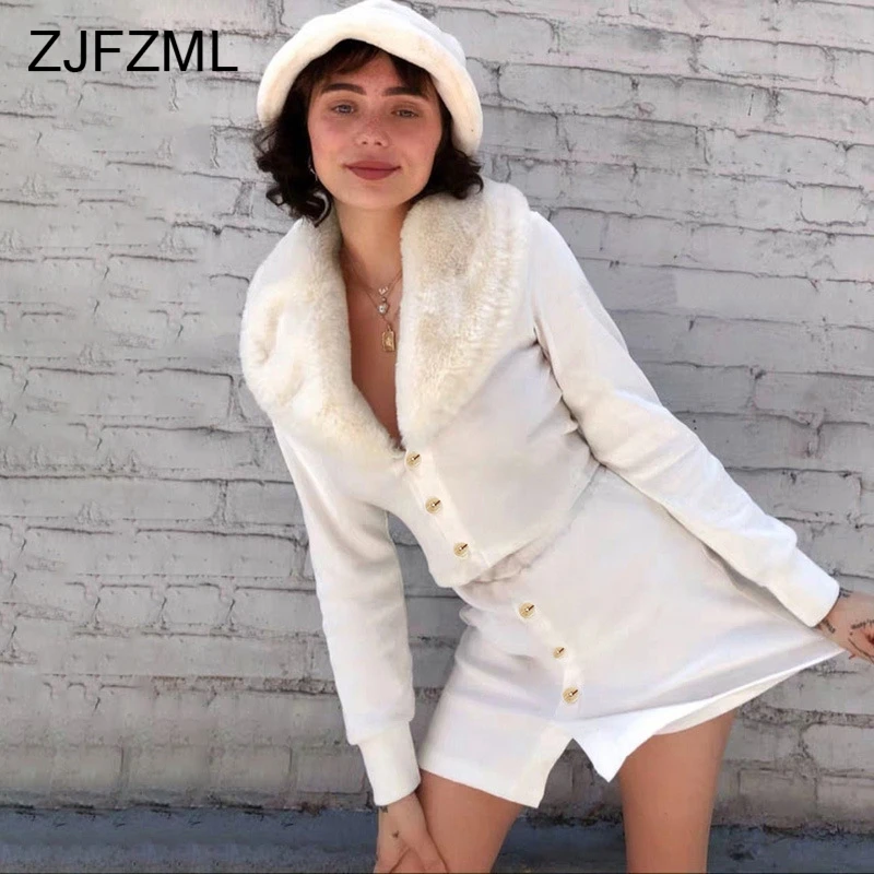 

Women Winter Two Piece Outfits Faux Fur Collar Button Cropped Jacket and Pencil Skirt Suits 2019 Autumn Elegant White Skirt Set
