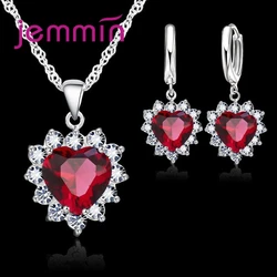 Elegant Heart Pendant & Hoop Earrings Jewelry Set in Sterling Silver (Red)