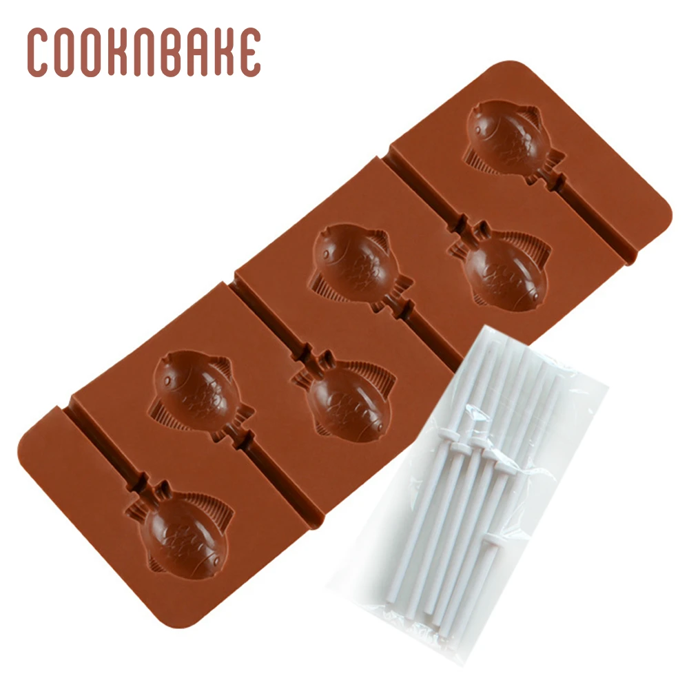 COOKNBAKE, леденец, силиконовая форма для рыбы, леденцы, конфеты, шоколад, 6 отверстий, сахар, леденец, форма для украшения торта, инструмент с палочкой