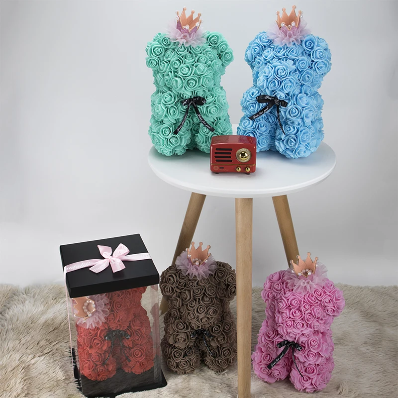 

red rose teddy bear 25cm with gift box and crown san valentine day present, plastic soap fake flowers of teddy mother's day gift