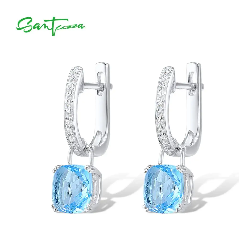 SANTUZZA Silver Earrings For Women 925 Sterling Silver Dangle Earrings Sky Blue Cubic Zirconia brincos Fashion Jewelry