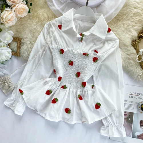 Strawberry Woherb, Женские топы и блузки, элегантная женская блузка с вышивкой вишни, новинка, длинный рукав, модный топ с оборками, плиссированные Блузы - Цвет: Strawberry